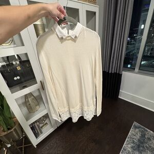 NWT Stella Lorenzo Cream Sweater Rhinestone Collar Sheer Trim